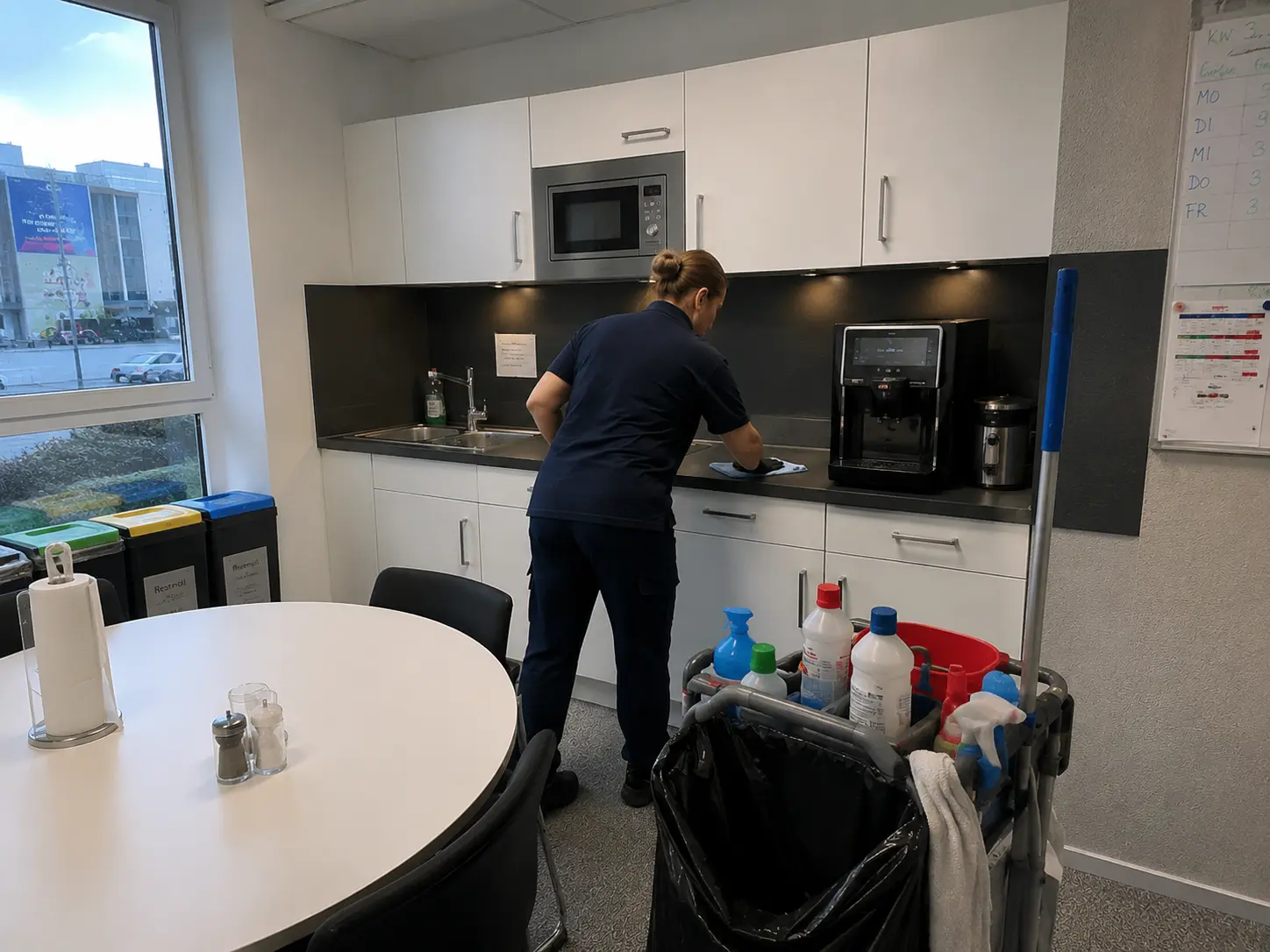 Reinigungskraft reinigt Küche und Kaffeebereich in einem Bürogebäude in Rostock