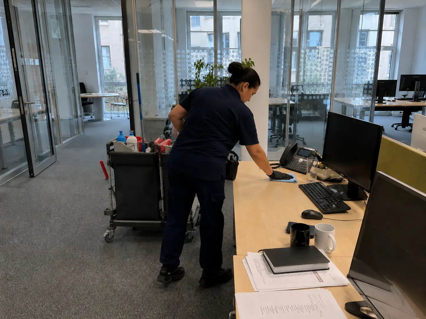 Reinigungskraft wischt Schreibtisch in einem Großraumbüro in Rostock ab