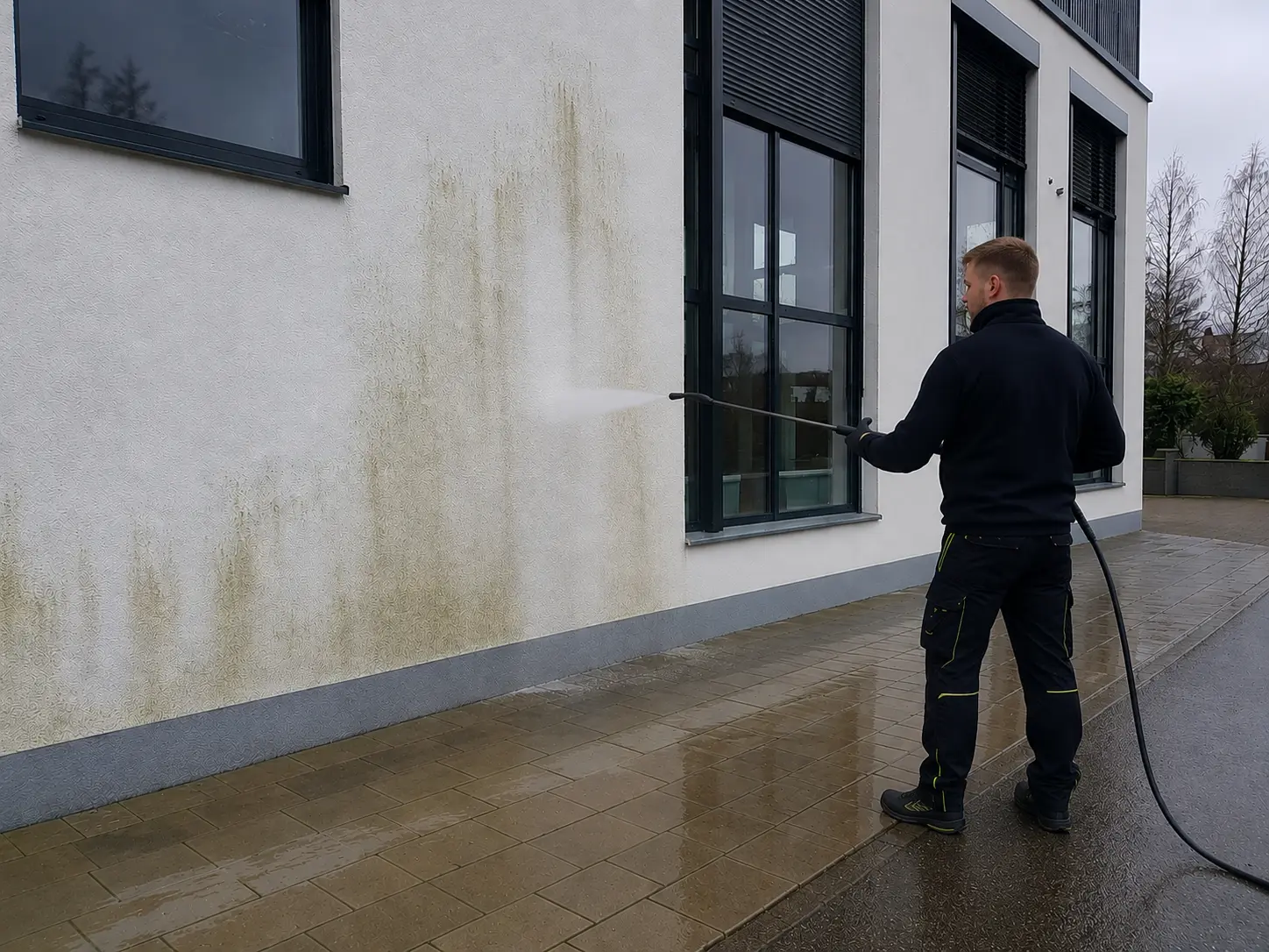 Mitarbeiter entfernt Algen und Moos von Fassade mit Hochdruckreiniger in Rostock
