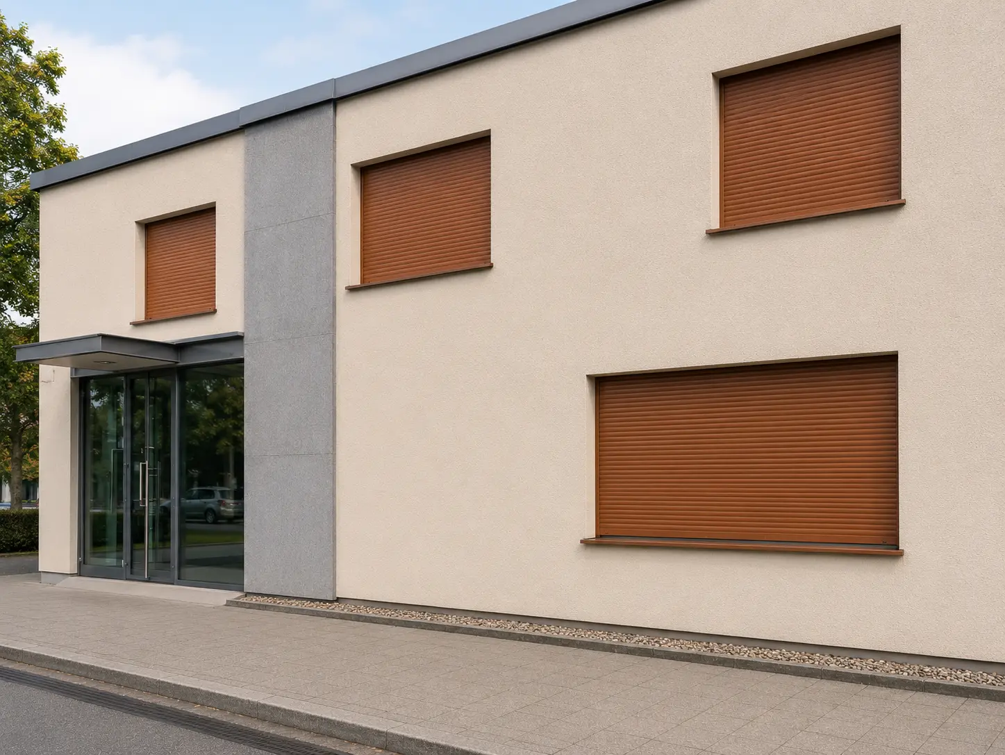 Gereinigte Fassade eines Gewerbegebäudes in Rostock nach Fassadenreinigung durch R&H Facility Management