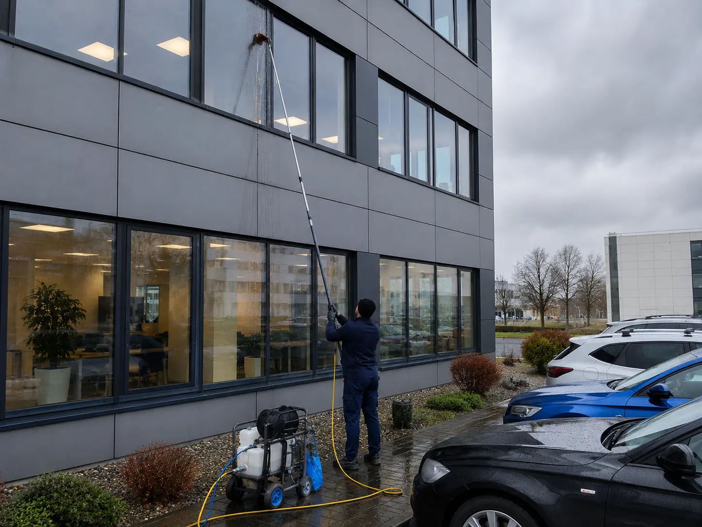 Mitarbeiter reinigt mehrstöckige Bürofenster mit Teleskopstange in Rostock