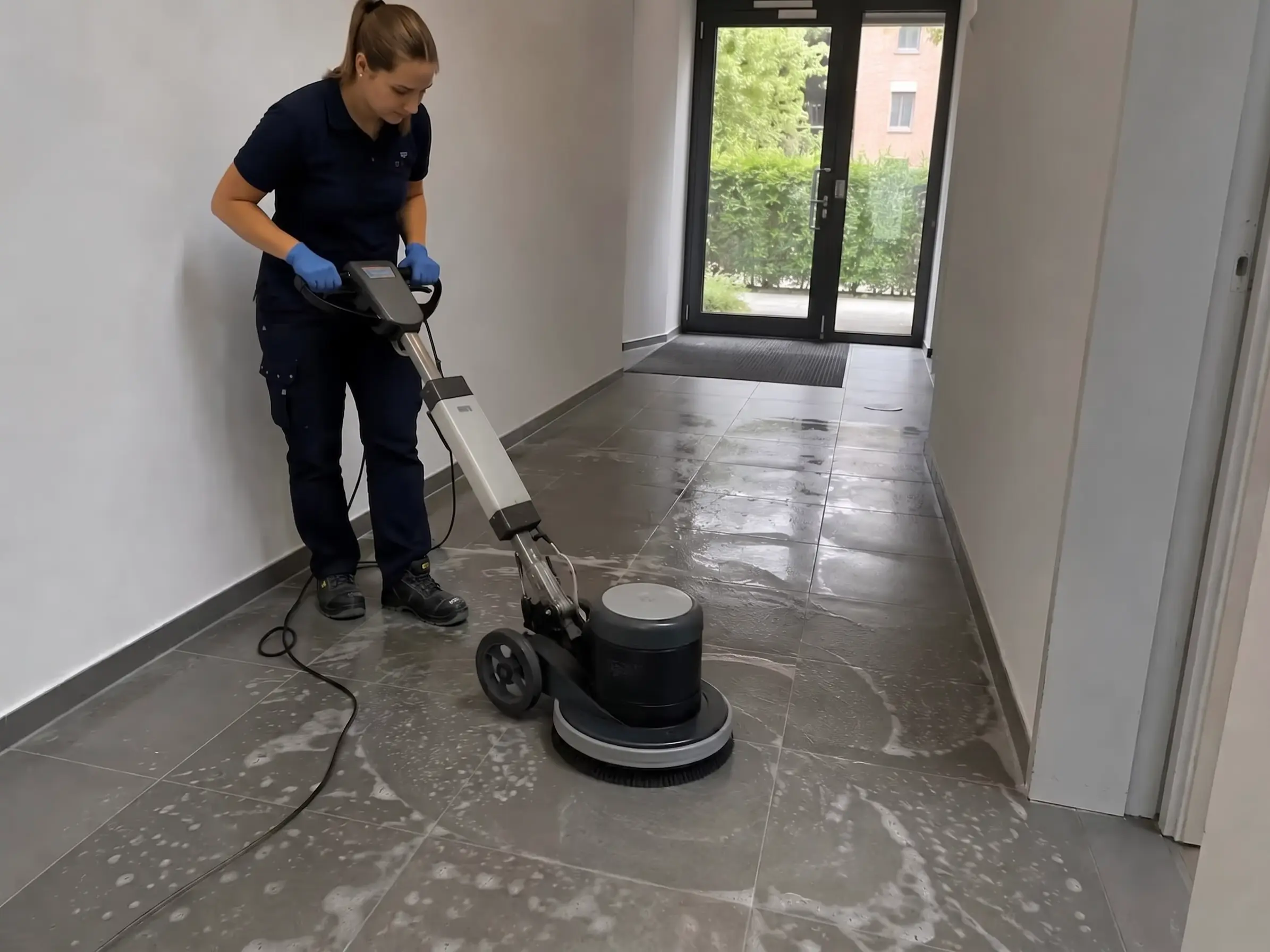 Grundreinigung von Fliesenboden in einem Flur durch Einscheibenmaschine in Rostock