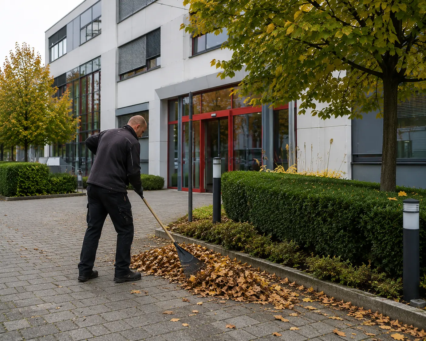 Mitarbeiter harkt Herbstlaub an einer Außenanlage eines Bürogebäudes in Rostock