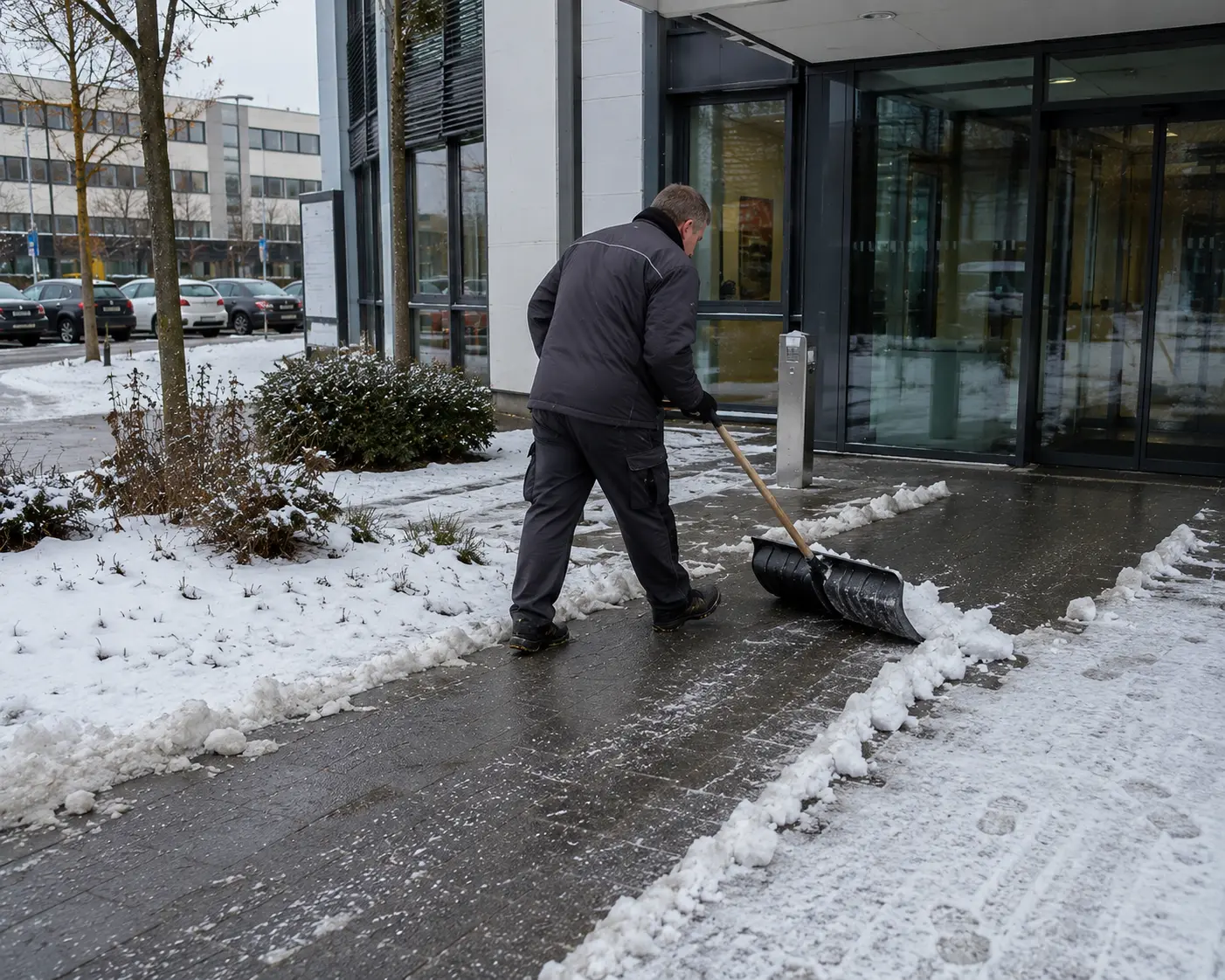 Mitarbeiter räumt Schnee am Eingang eines Gewerbegebäudes in Rostock