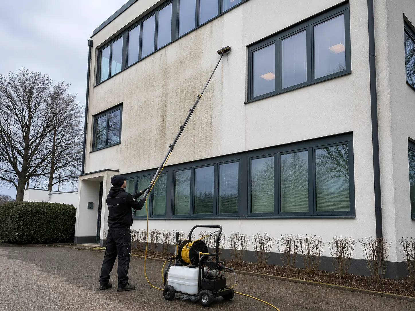 Mitarbeiter reinigt die Fassade eines Bürogebäudes in Rostock