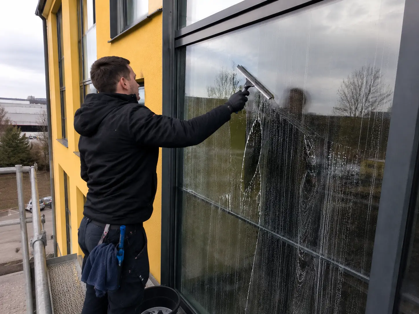 Mitarbeiter zieht große Glasfensterfront an einem Bürogebäude in Rostock professionell ab